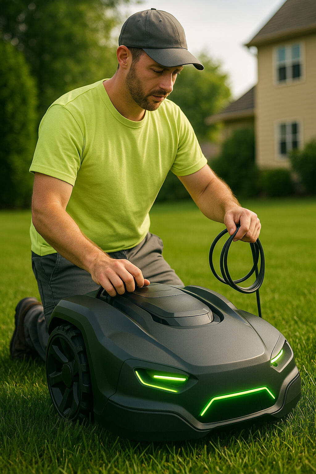 Romow technician guiding mower during setup in Oakdale, MN