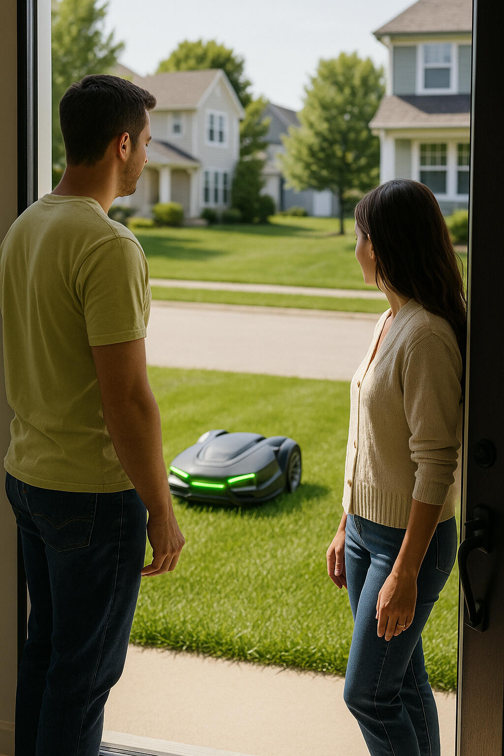 Oakdale, MN, homeowners watching robot mower from front door